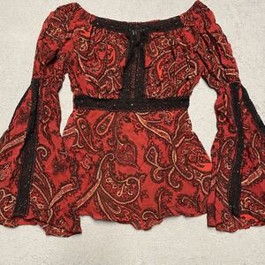 Butsina Paris Top Women's Medium Red Black Paisley Viscose Lace France‎ Boho